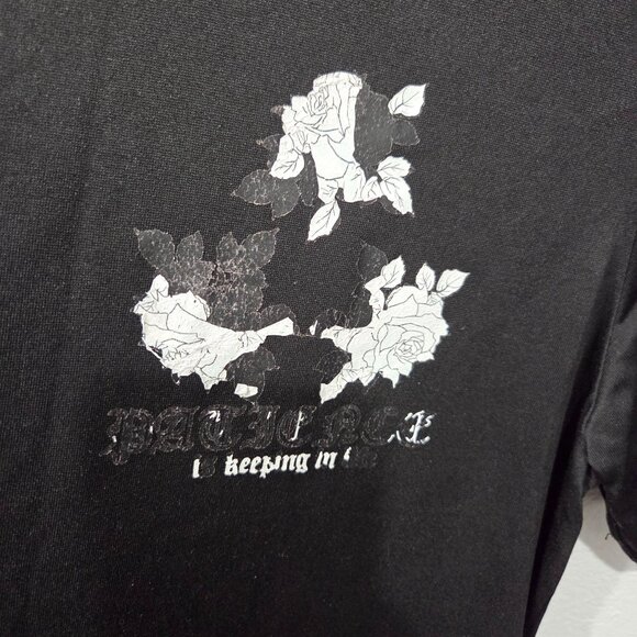 Shein Mens Black Graphic Tee with White Floral Design & Text Print Size S - Picture 3 of 8